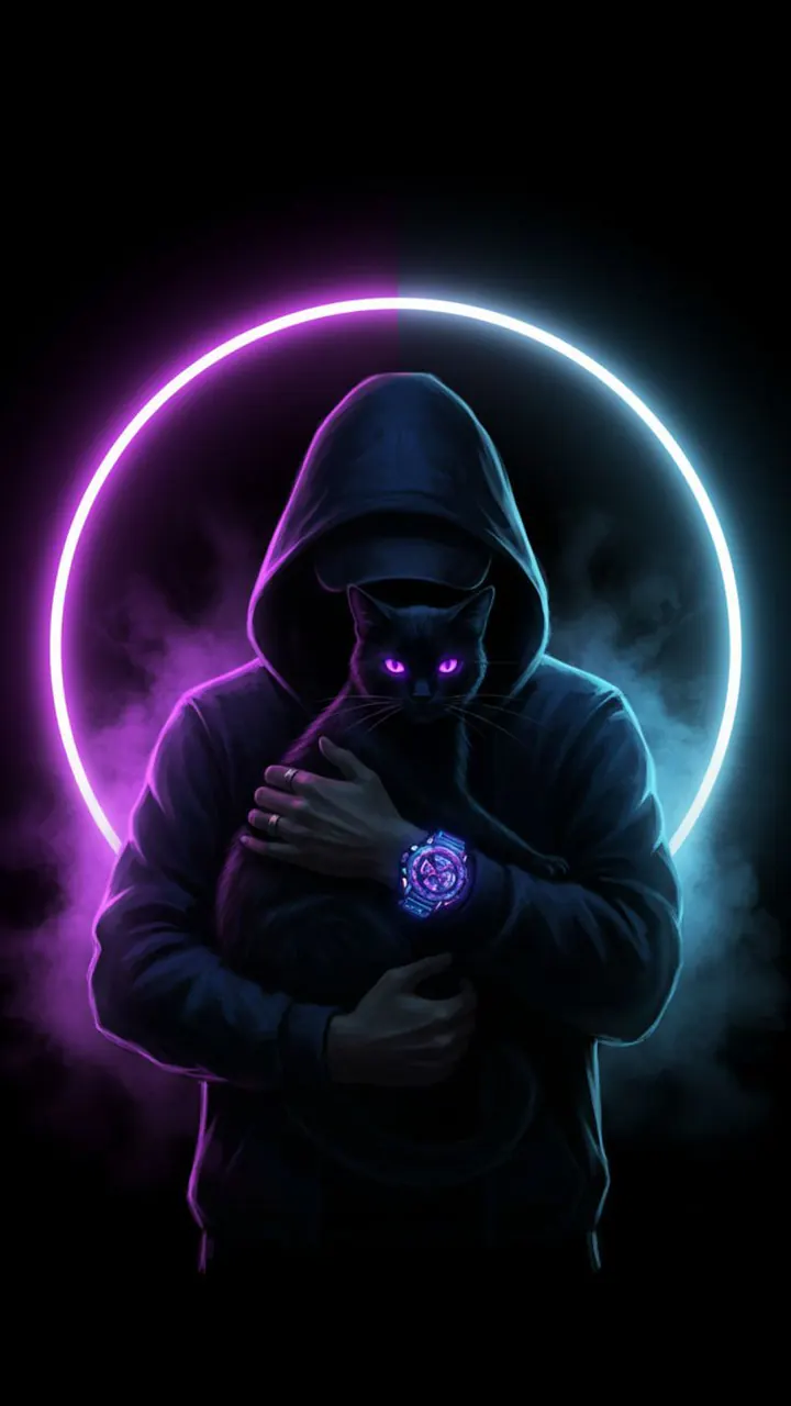 Ilustración de Metacre: gato negro encapuchado con reloj de neón